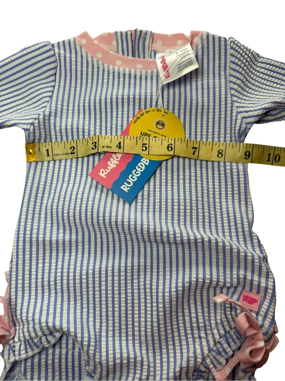 Ruffle Butts Blue-and-Pink Seersucker  Rashguard 6-12 Month Swimsuit